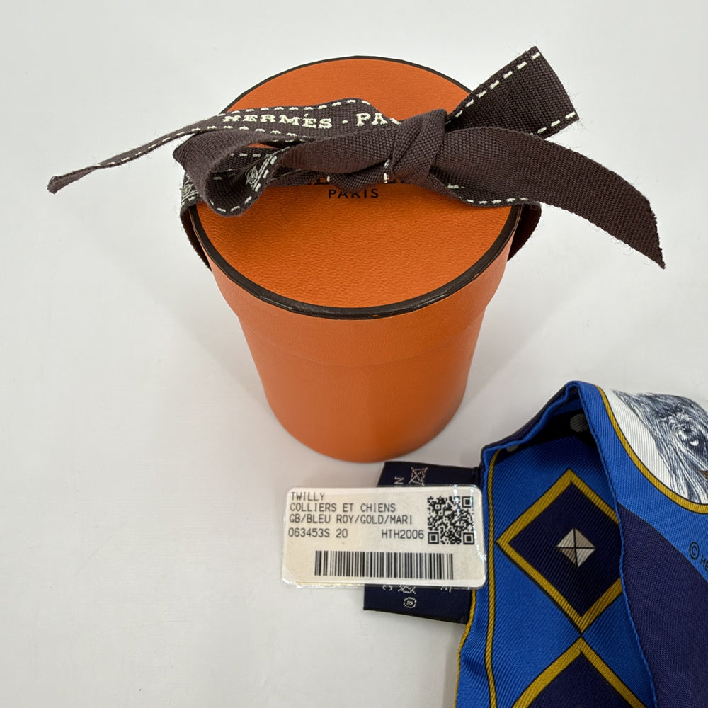 HERMES エルメス スカーフ ツイリー COLLIERS ET CHIENS コリエ エ シアン Twilly シルク ブルー 青 イエロー レディース【中古品】