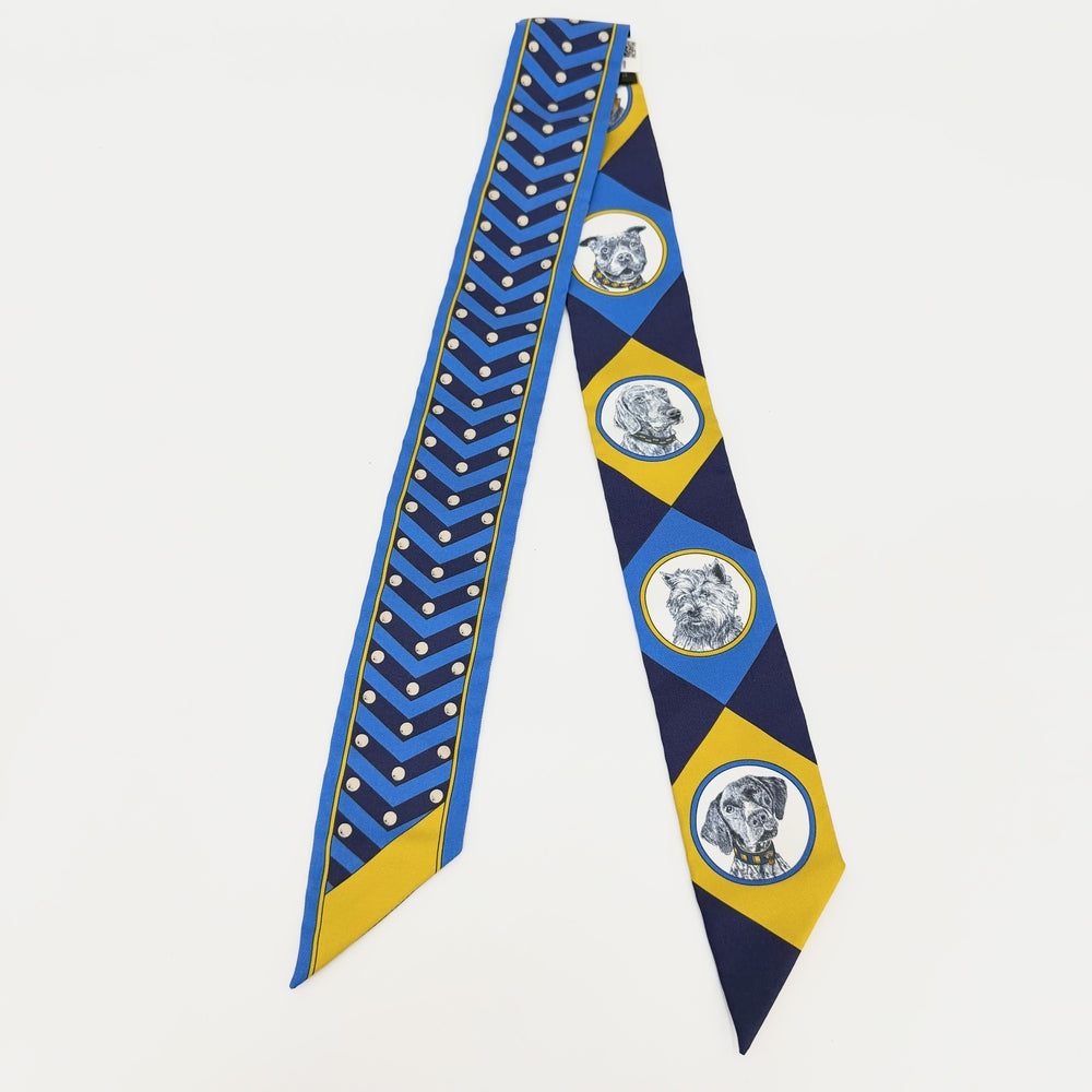 HERMES エルメス スカーフ ツイリー COLLIERS ET CHIENS コリエ エ シアン Twilly シルク ブルー 青 イエロー レディース【中古品】
