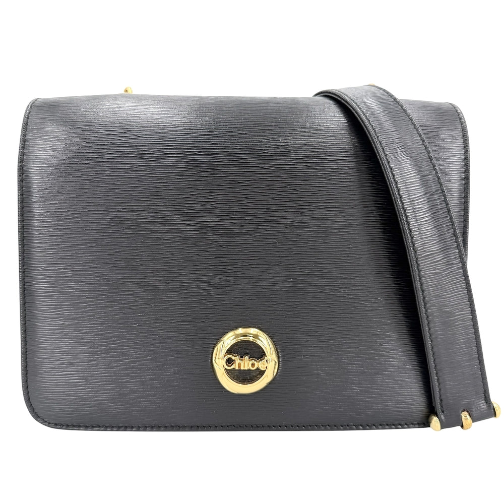 Chloe クロエ ショルダーバッグ ロゴ チェーン レザー ブラック 黒 ゴールド金具 レディース【中古品】