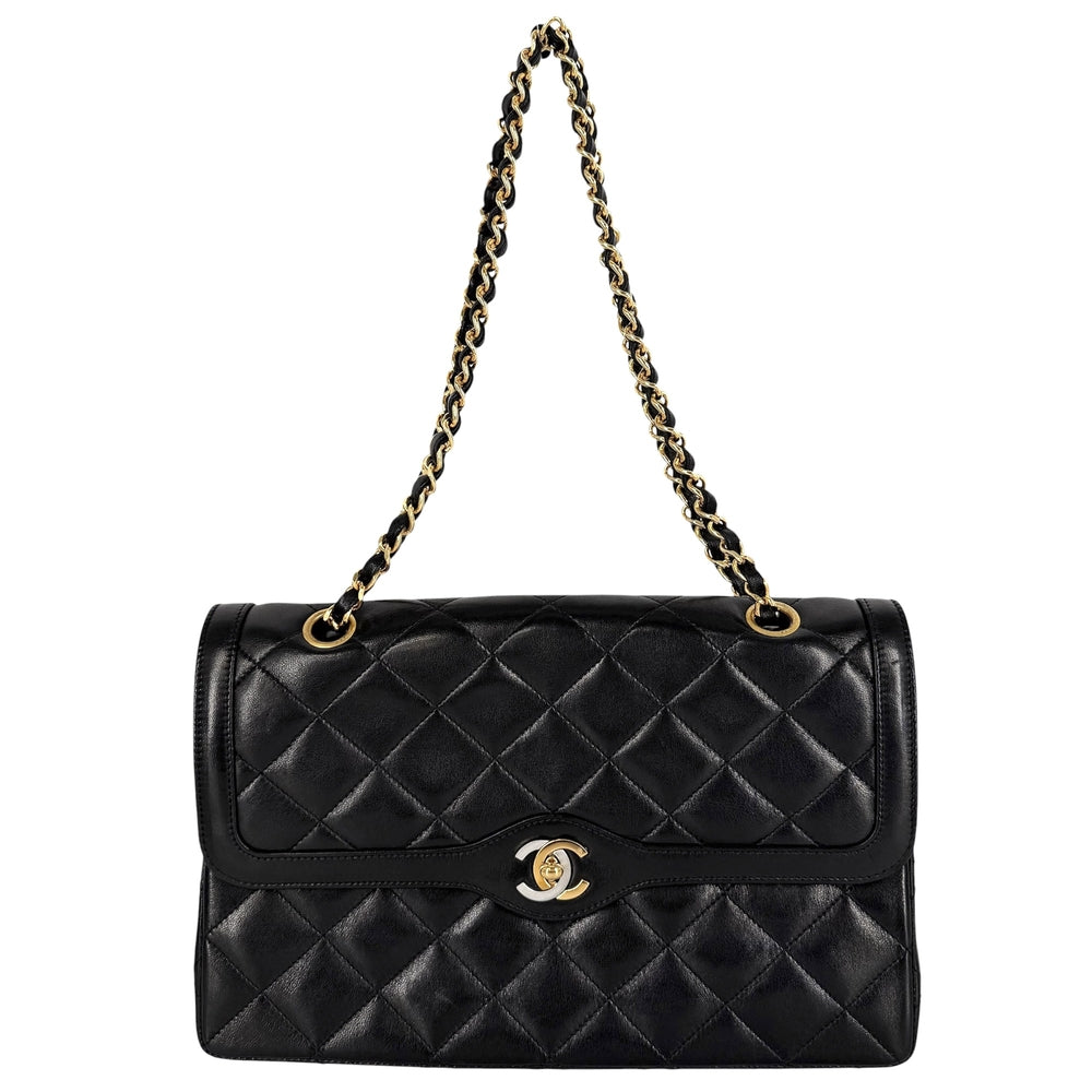 CHANEL シャネル ショルダーバッグ パリ限定マトラッセ ダブルフラップ ダブルチェーン ラムスキン ブラック 黒 ゴールド×シルバー金具 レディース【中古品】