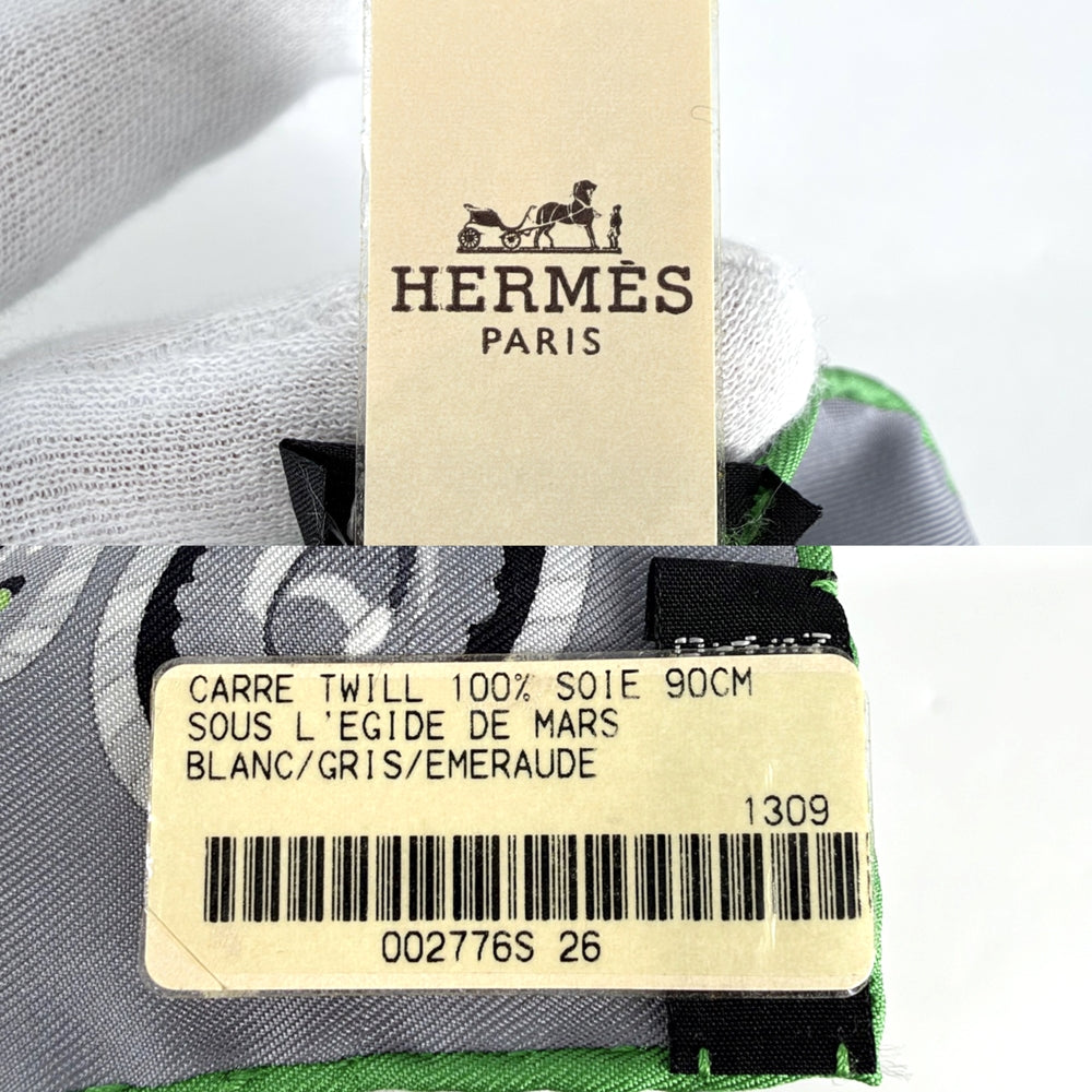 HERMES エルメス スカーフ カレ90 SOUS LE GIDE DE MARS 軍師マルス ファッションアイテム シルク グレー グリーン 緑 レディース【中古品】