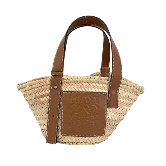 LOEWE ロエベ ハンドバッグ アナグラム バスケットバッグ スモール かごバッグ 春 夏 ラフィア レザー ベージュ ブラウン 茶 シルバー金具 レディース【中古品】