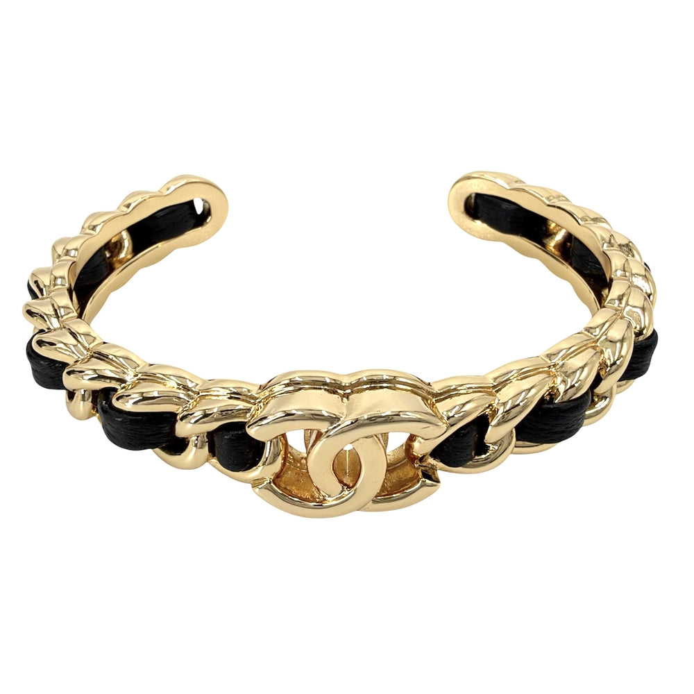 CHANEL シャネル バングル ココマーク チェーン ブレスレット アクセサリー GP レザー B24K ゴールド ブラック 黒 レディース 約38.9g 2024年【中古品】