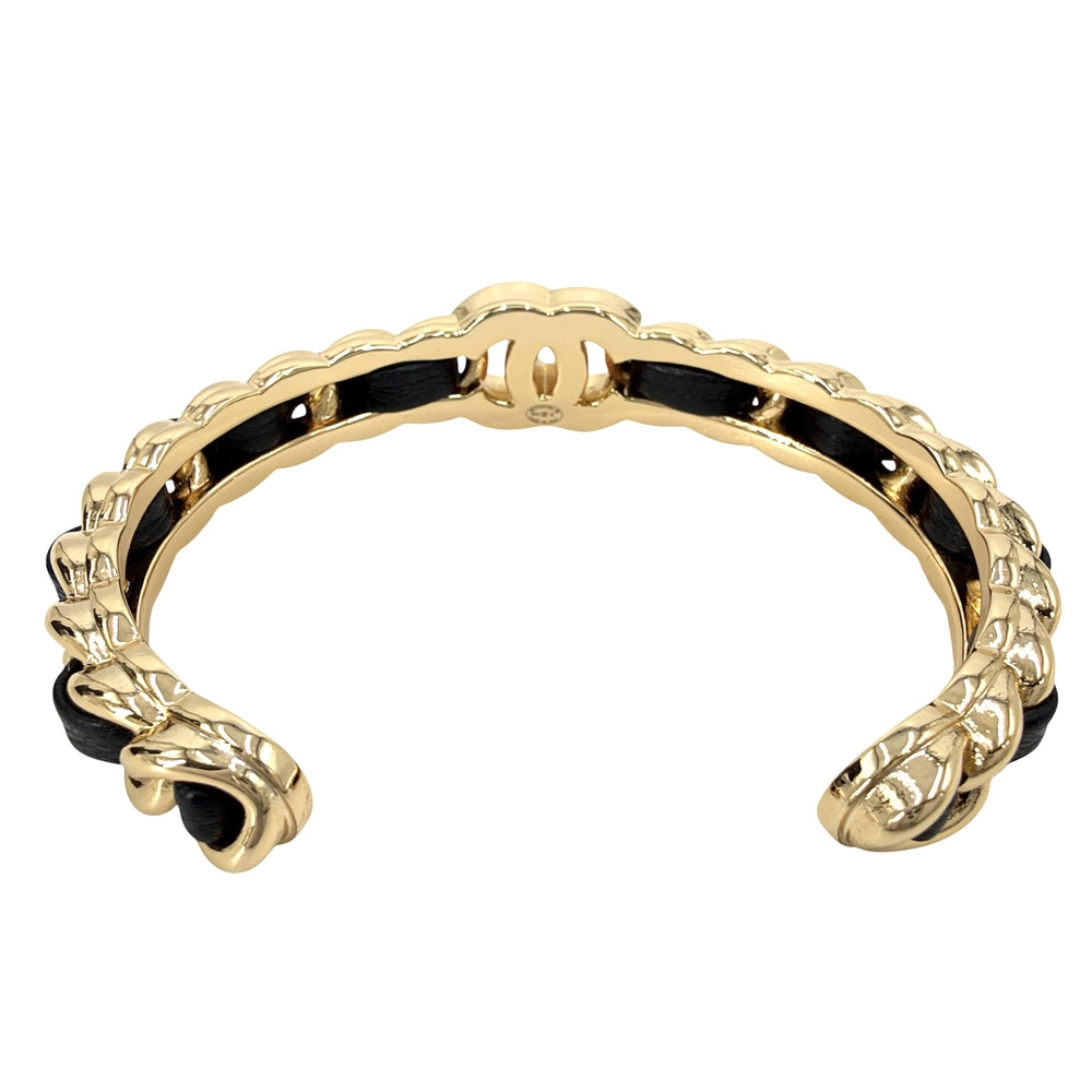 CHANEL シャネル バングル ココマーク チェーン ブレスレット アクセサリー GP レザー B24K ゴールド ブラック 黒 レディース 約38.9g 2024年【中古品】