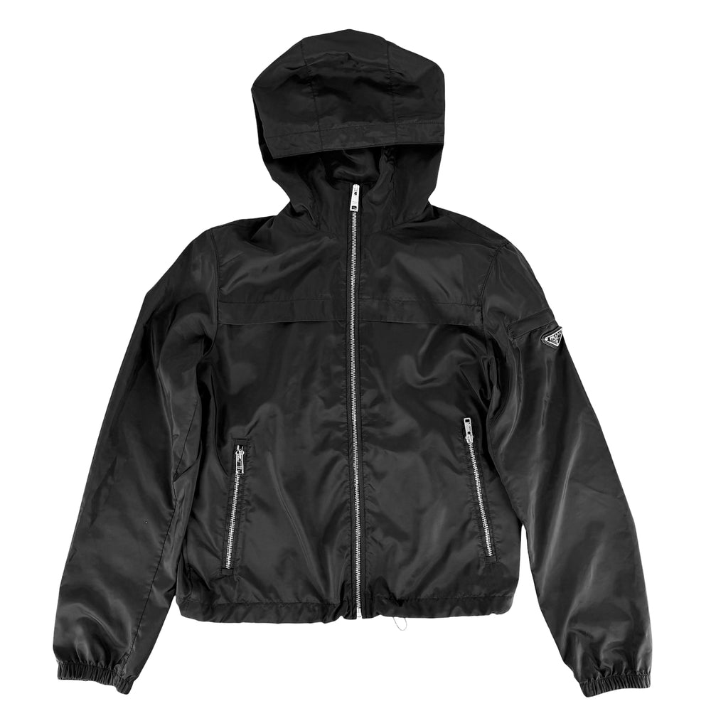 PRADA プラダ ブルゾン トライアングルロゴ フード付き ジャケット アウター 46 SGA466 ブラック 黒 シルバー金具 春 秋 ポリエステル メンズ【中古品】