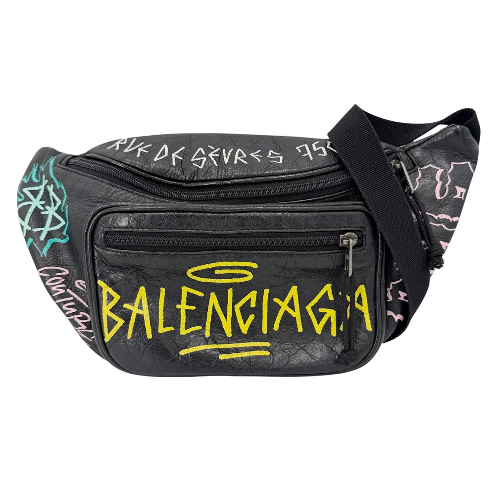 BALENCIAGA バレンシアガ ウエストバッグ エクスプローラー グラフィティ 529550 カーフ ブラック 黒 マルチカラー シルバー金具 メンズ【中古品】