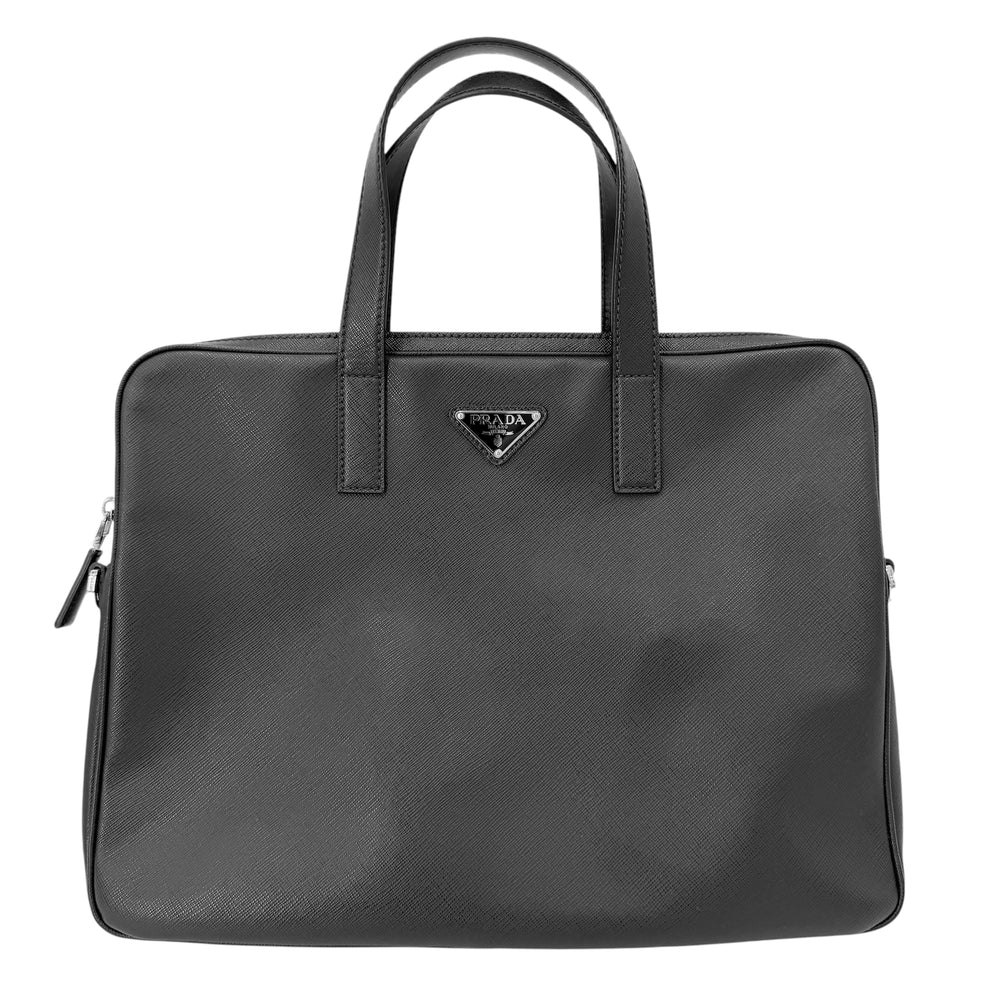 PRADA プラダ ビジネスバッグ トライアングルロゴ ブリーフケース ハンドバッグ サフィアーノレザー レザー ブラック 黒 シルバー金具 メンズ【中古品】