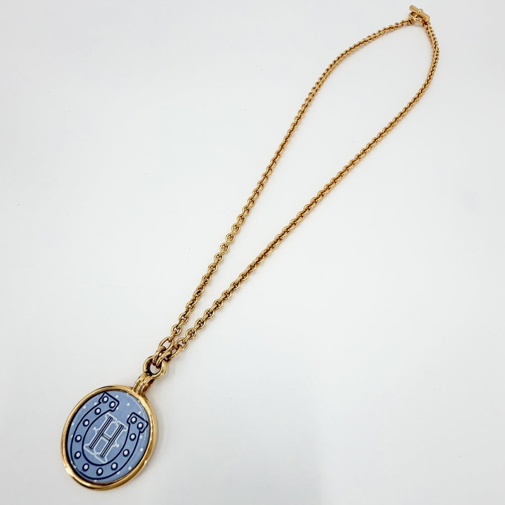 HERMES エルメス ネックレス メダイユ ホースインバンダナ ペンダント ジュエリー アクセサリー メタル ゴールド ブルー 青 レディース 約19.1g【中古品】