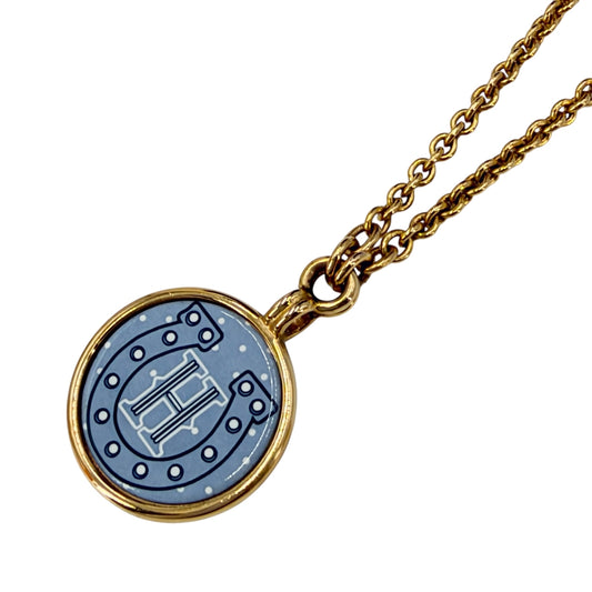 HERMES エルメス ネックレス メダイユ ホースインバンダナ ペンダント ジュエリー アクセサリー メタル ゴールド ブルー 青 レディース 約19.1g【中古品】