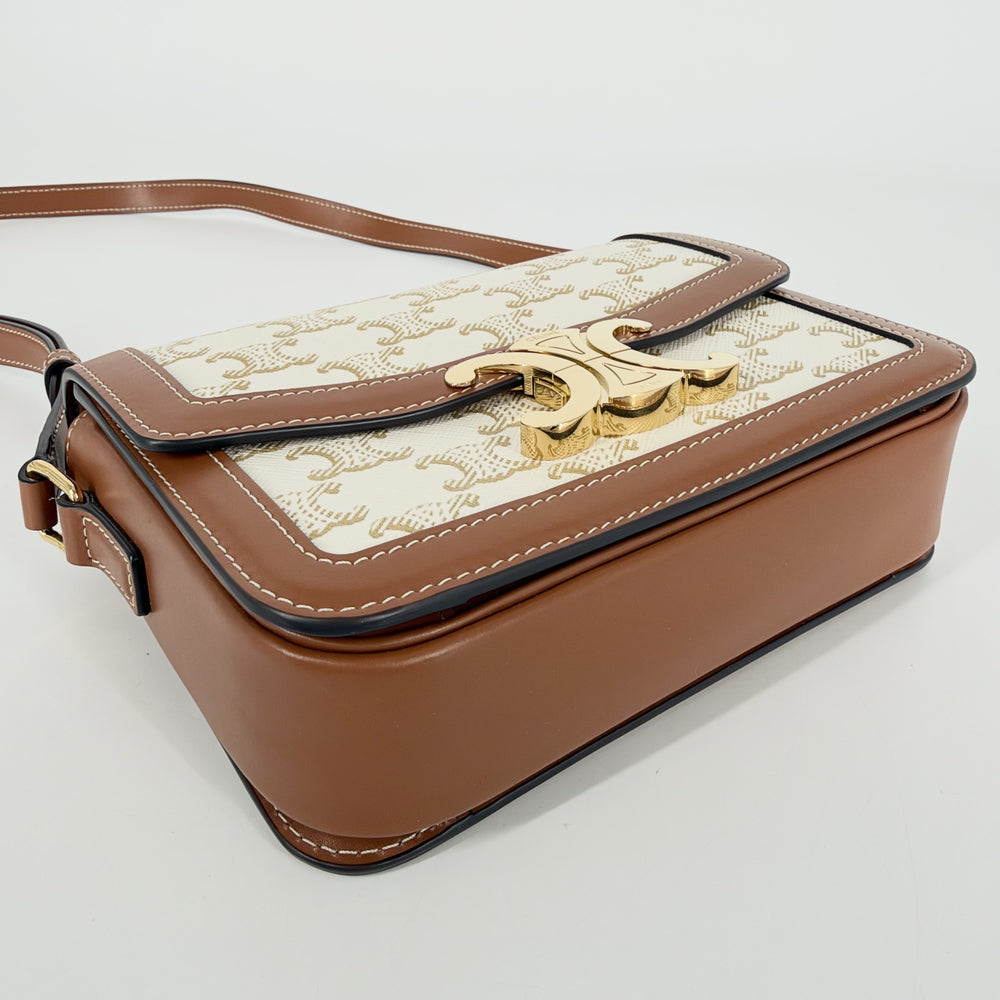 CELINE セリーヌ ショルダーバッグ ティーン トリオンフ 188882BZ4 PVC レザー ホワイト 白 ブラウン 茶 ゴールド金具 レディース【中古品】