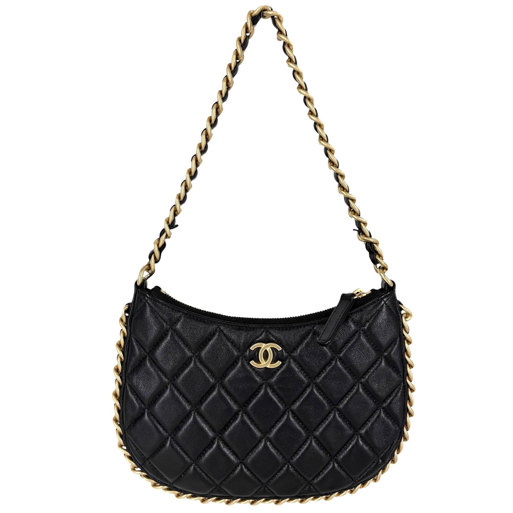 CHANEL シャネル ショルダーバッグ マトラッセ ミニホーボーバッグ チェーンクラッチ ラムスキン ブラック 黒 ゴールド金具 レディース【中古品】