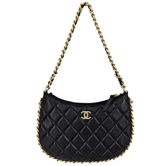 CHANEL シャネル ショルダーバッグ マトラッセ ミニホーボーバッグ チェーンクラッチ ラムスキン ブラック 黒 ゴールド金具 レディース【中古品】