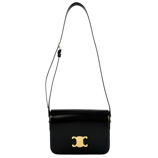 CELINE セリーヌ ショルダーバッグ クラシック トリオンフ カーフ ブラック 黒 ゴールド金具 レディース【中古品】