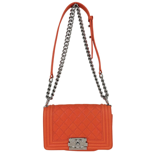 CHANEL シャネル ショルダーバッグ マトラッセ ボーイシャネル スモール ココマーク BOY CHANEL A67085 キャビアスキン オレンジ シルバー金具 レディース【中古品】