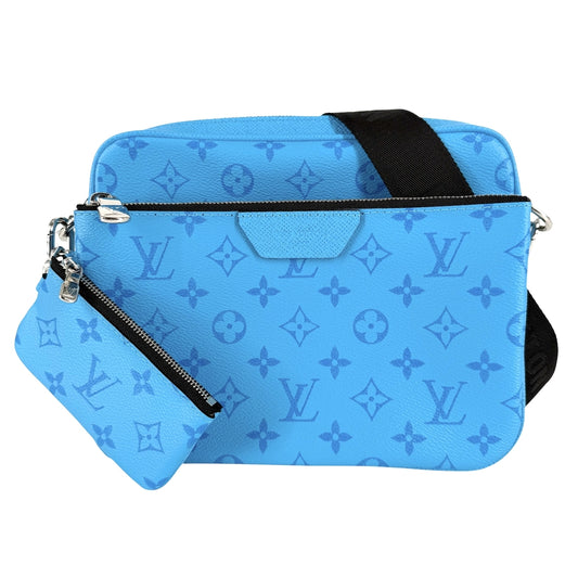 LOUIS VUITTON ルイヴィトン ショルダーバッグ トリオメッセンジャー タイガラマ・カウハイド M27641 モノグラムキャンバス ブルー 青 シルバー金具 メンズ【中古品】