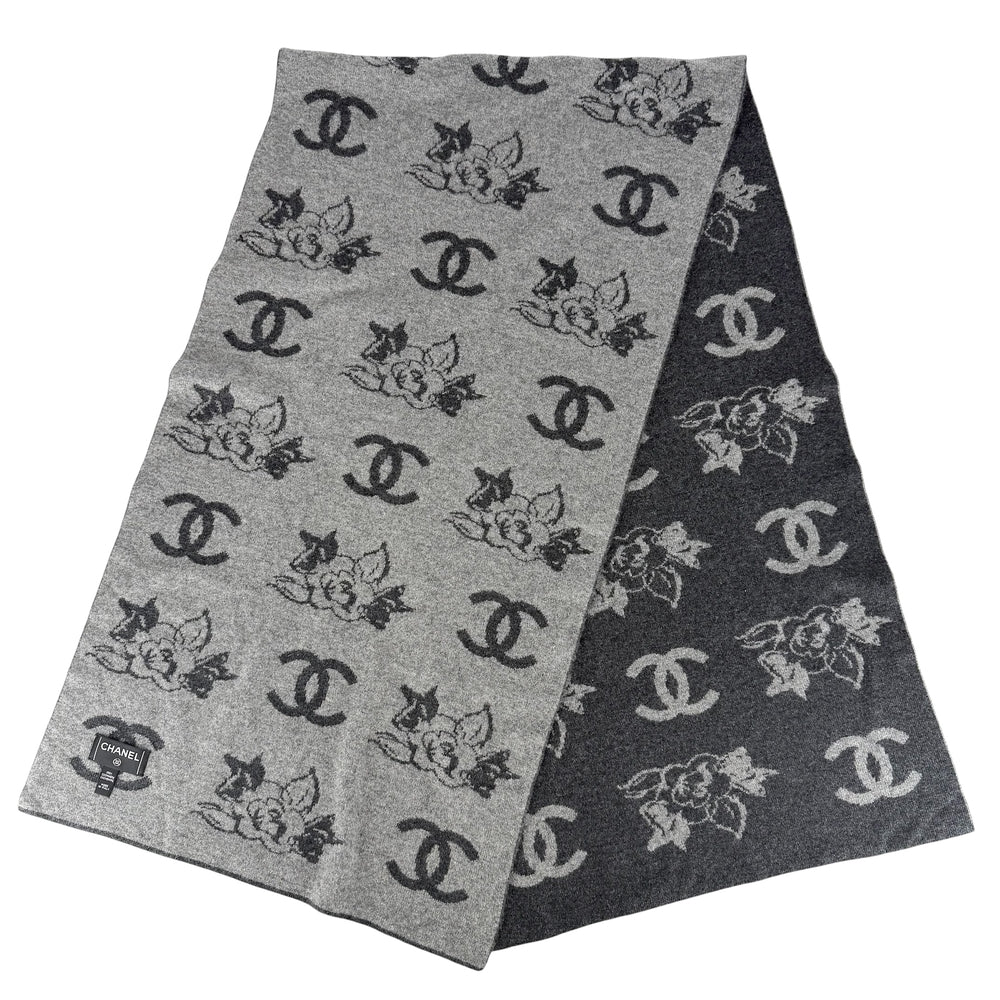 CHANEL シャネル マフラー ココマーク カメリア ファッションアイテム 秋 冬 カシミヤ グレー レディース【中古品】