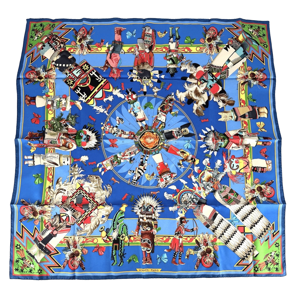 HERMES エルメス スカーフ カレ90 Kachinas カチナ 民族 ファッションアイテム シルク ブルー 青 マルチカラー レディース【中古品】