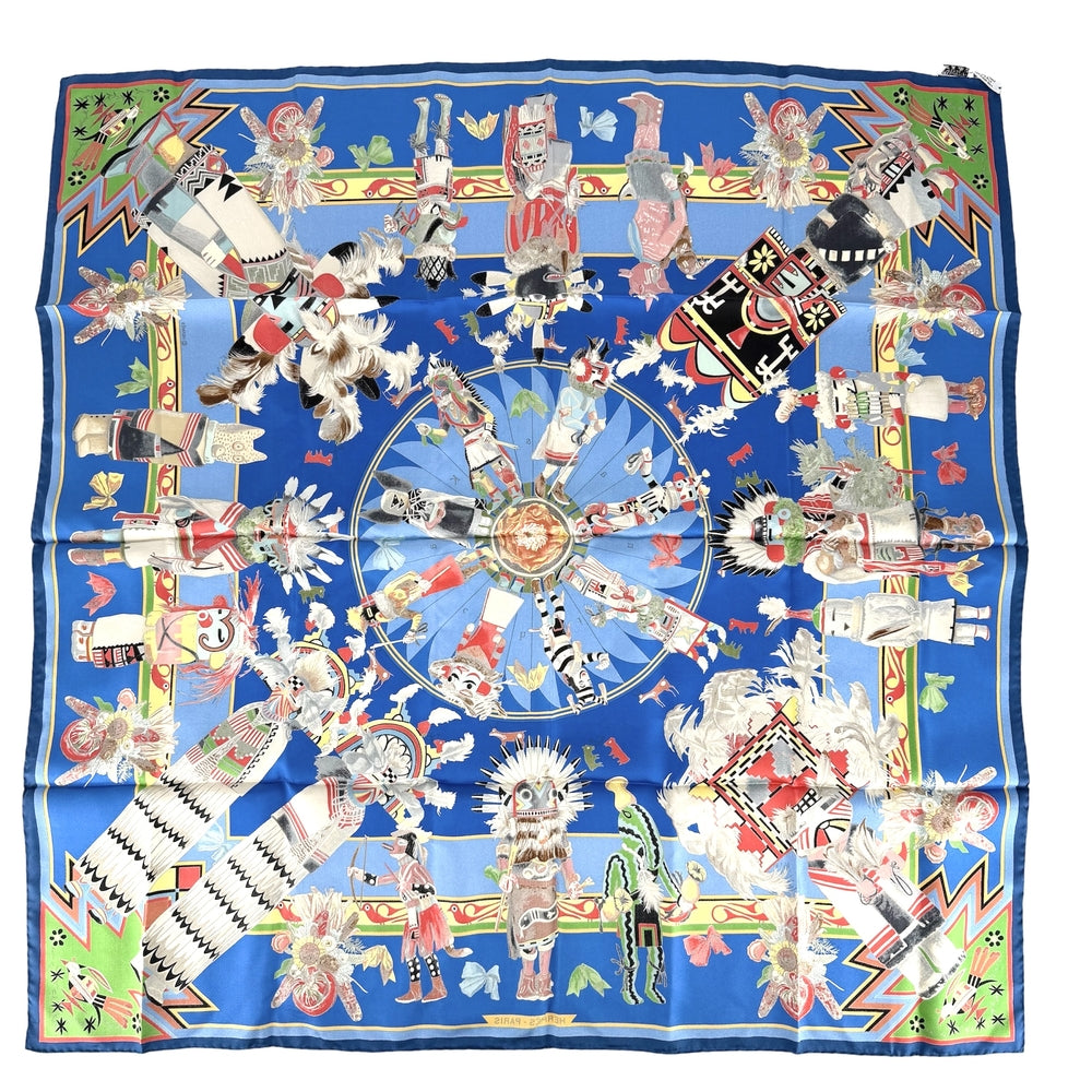HERMES エルメス スカーフ カレ90 Kachinas カチナ 民族 ファッションアイテム シルク ブルー 青 マルチカラー レディース【中古品】