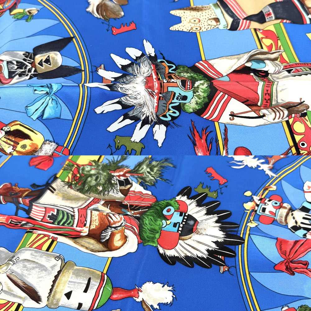 HERMES エルメス スカーフ カレ90 Kachinas カチナ 民族 ファッションアイテム シルク ブルー 青 マルチカラー レディース【中古品】