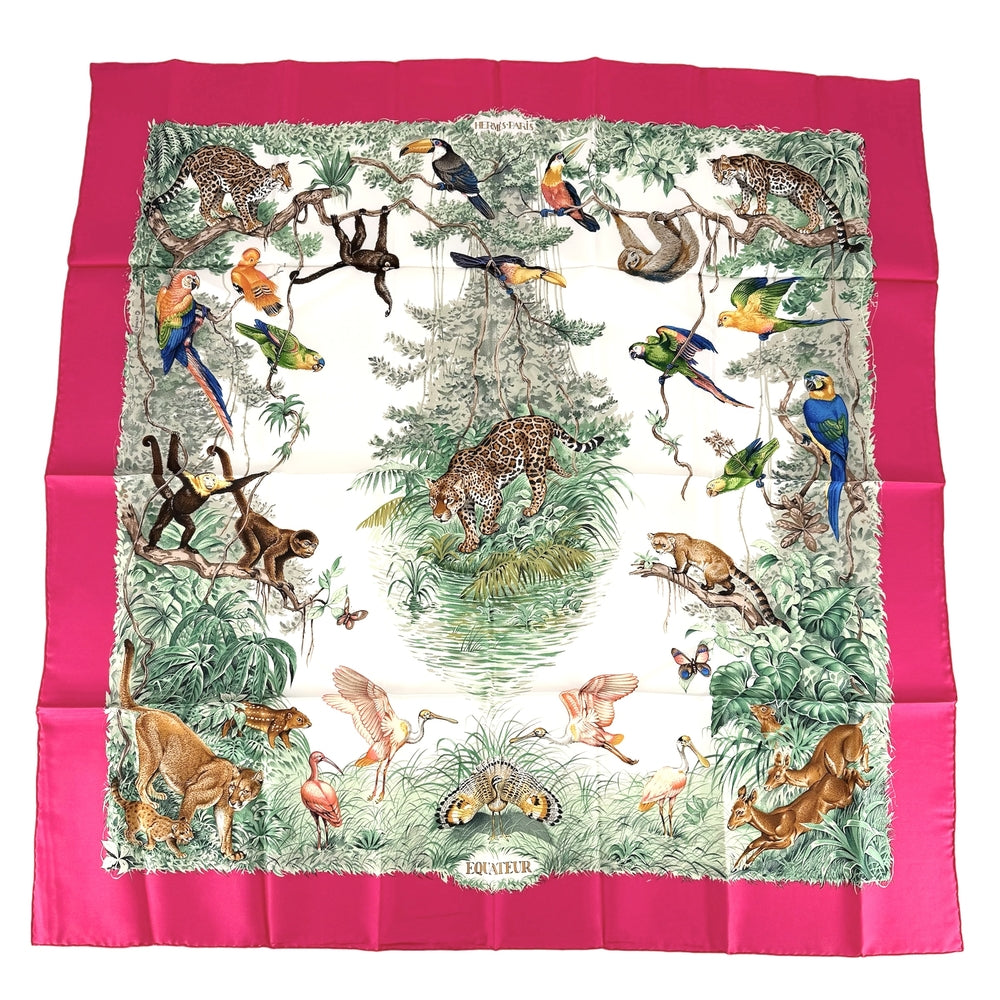 HERMES エルメス スカーフ カレ90 EQUATEUR 赤道直下 アニマル 大判 ファッションアイテム シルク レッド 赤 マルチカラー レディース【中古品】