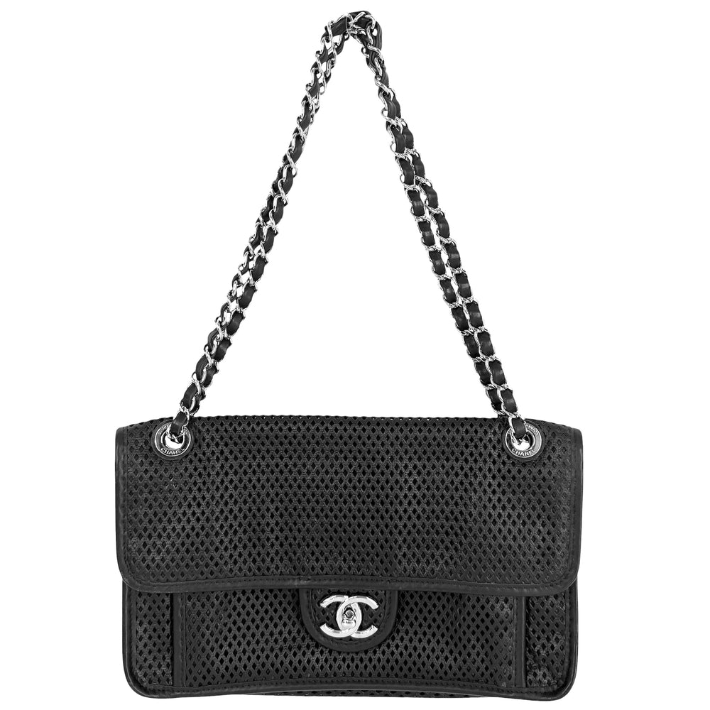 CHANEL シャネル ショルダーバッグ フレンチリビエラ パンチング ココマーク ダブルチェーン A67652 レザー ブラック 黒 シルバー金具 レディース【中古品】
