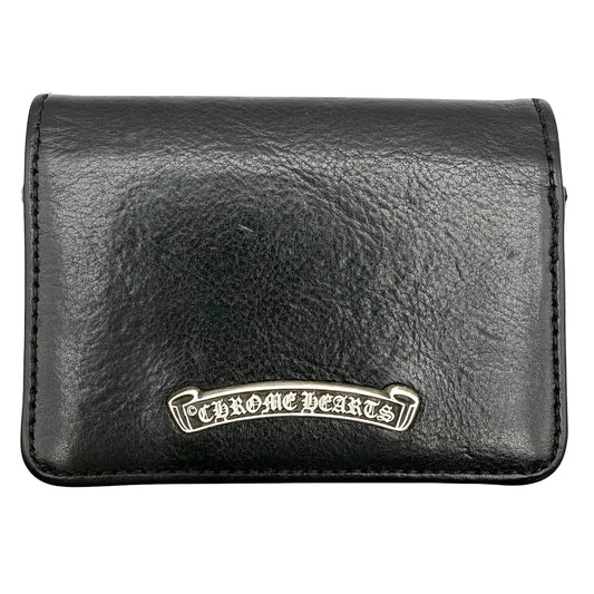 CHROME HEARTS クロムハーツ カードケース 3ポケット スクロールラベル レザー ブラック 黒 シルバー金具 メンズ【中古品】