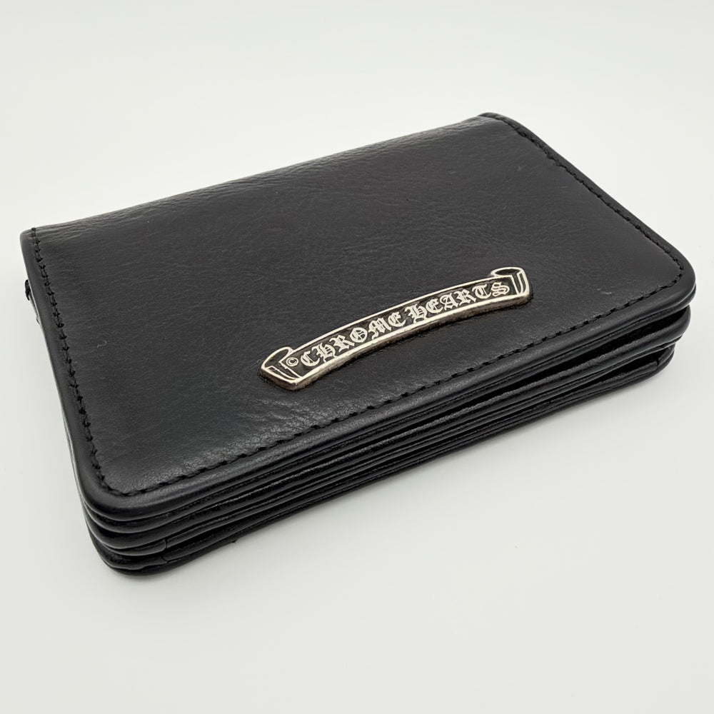 CHROME HEARTS クロムハーツ カードケース 3ポケット スクロールラベル レザー ブラック 黒 シルバー金具 メンズ【中古品】