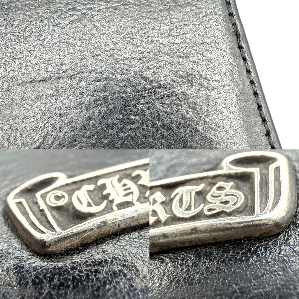 CHROME HEARTS クロムハーツ カードケース 3ポケット スクロールラベル レザー ブラック 黒 シルバー金具 メンズ【中古品】