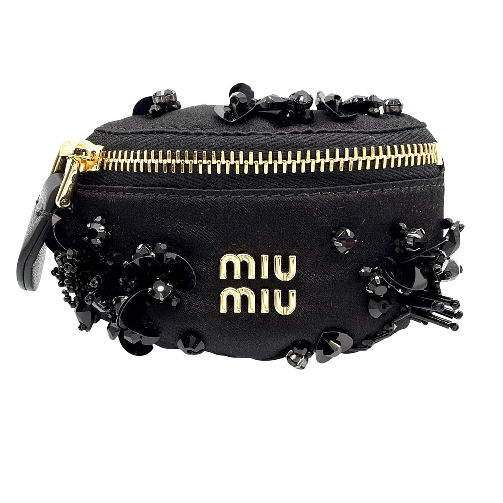 MIUMIU ミュウミュウ ブレスレット ロゴ ミニサテンポーチ リストポーチ レザー ブラック 黒 ゴールド金具 レディース【中古品】
