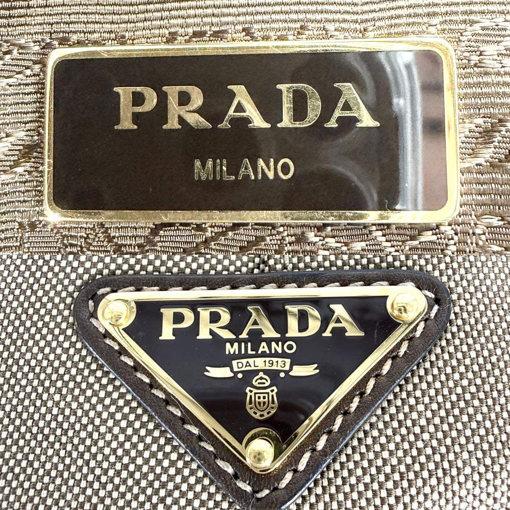 PRADA プラダ ハンドバッグ トートバッグ 1BG159 キャンバス レザー ベージュ ブラウン 茶 ゴールド金具 レディース【中古品】