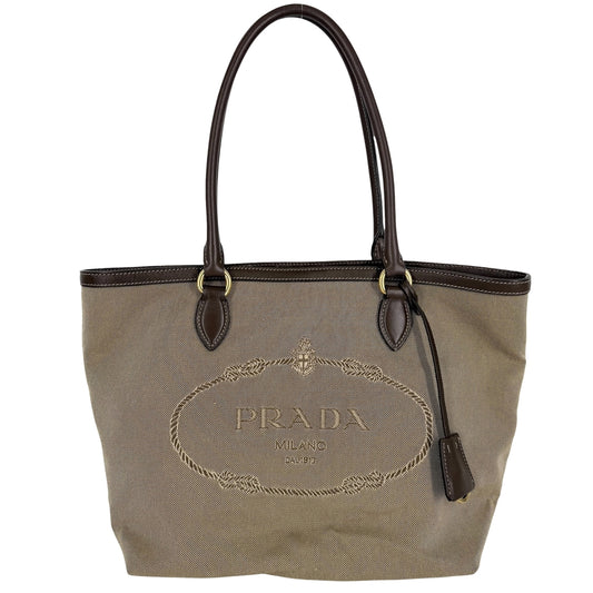 PRADA プラダ ハンドバッグ トートバッグ 1BG159 キャンバス レザー ベージュ ブラウン 茶 ゴールド金具 レディース【中古品】
