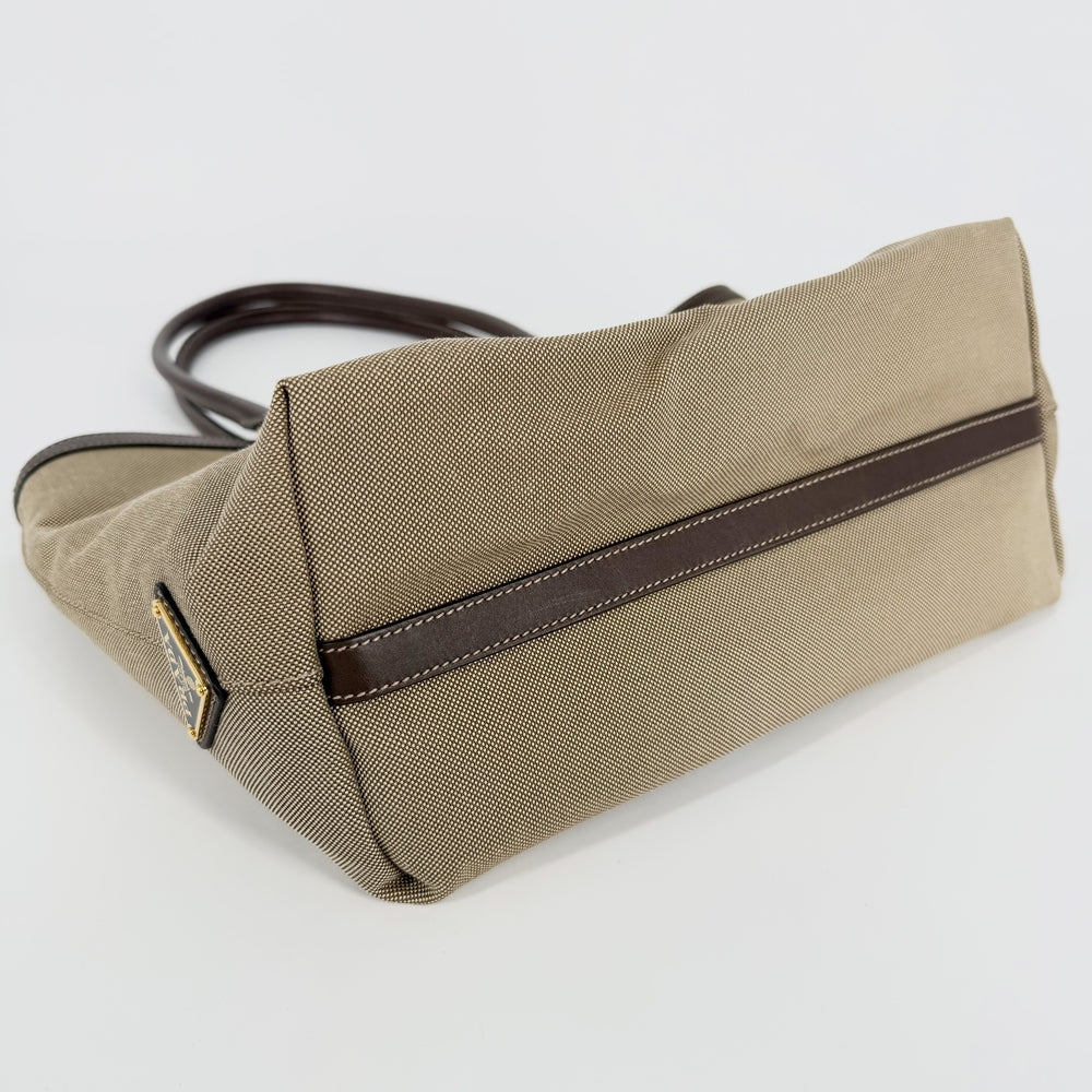 PRADA プラダ ハンドバッグ トートバッグ 1BG159 キャンバス レザー ベージュ ブラウン 茶 ゴールド金具 レディース【中古品】