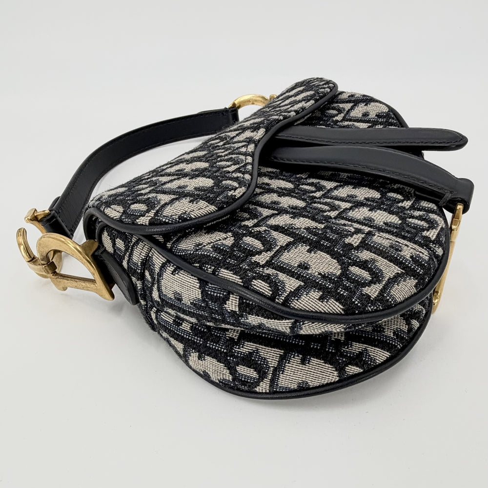 Dior ディオール 2WAY オブリーク サドルバッグ ショルダーバッグ ハンドバッグ キャンバス ベージュ ネイビー 紺 ゴールド金具 レディース【中古品】