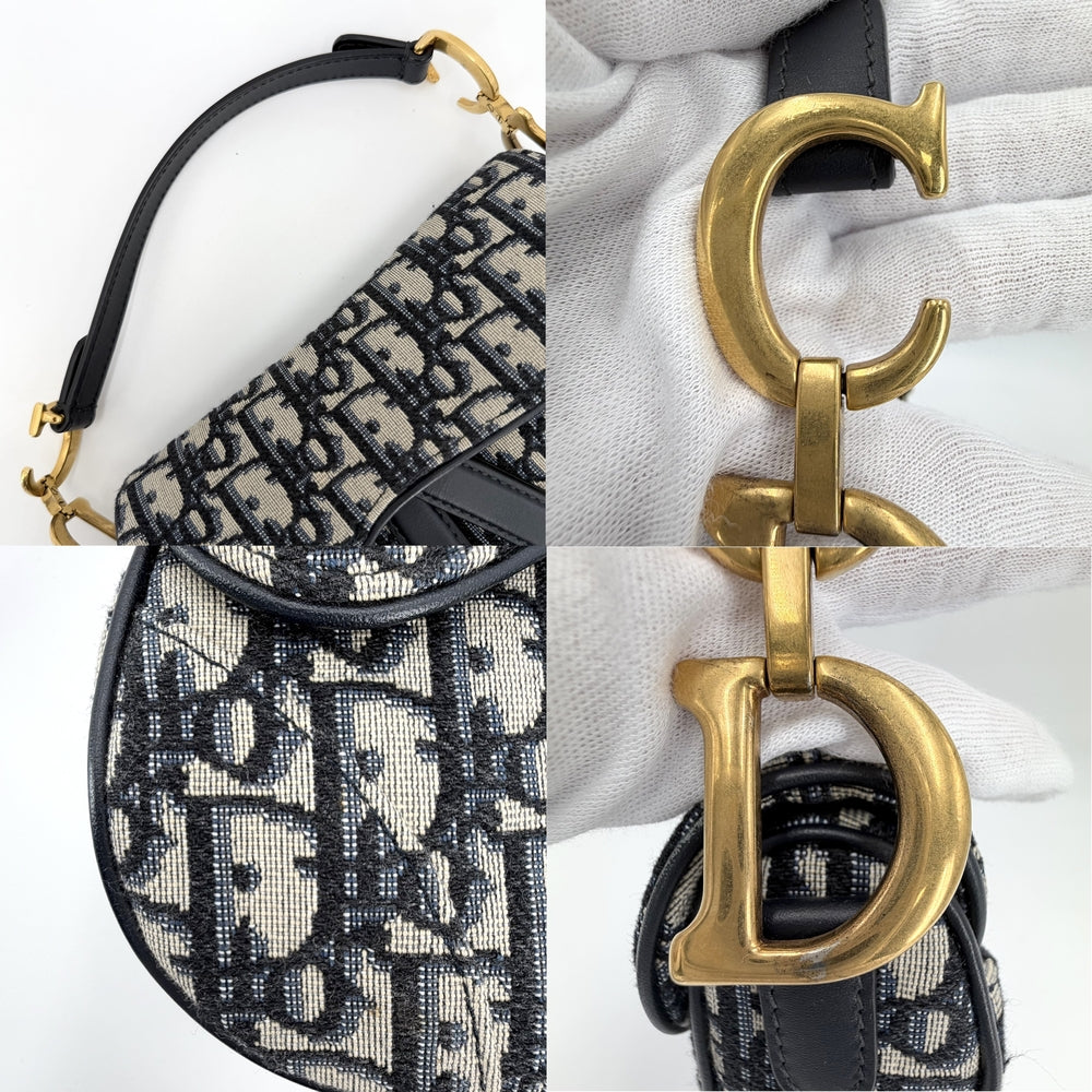 Dior ディオール 2WAY オブリーク サドルバッグ ショルダーバッグ ハンドバッグ キャンバス ベージュ ネイビー 紺 ゴールド金具 レディース【中古品】