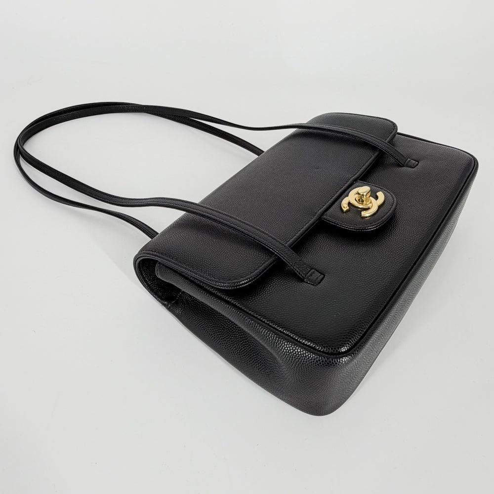 CHANEL シャネル ショルダーバッグ スモールフラップバッグ ココマーク キャビアスキン レザー ブラック 黒 ゴールド金具 レディース【中古品】