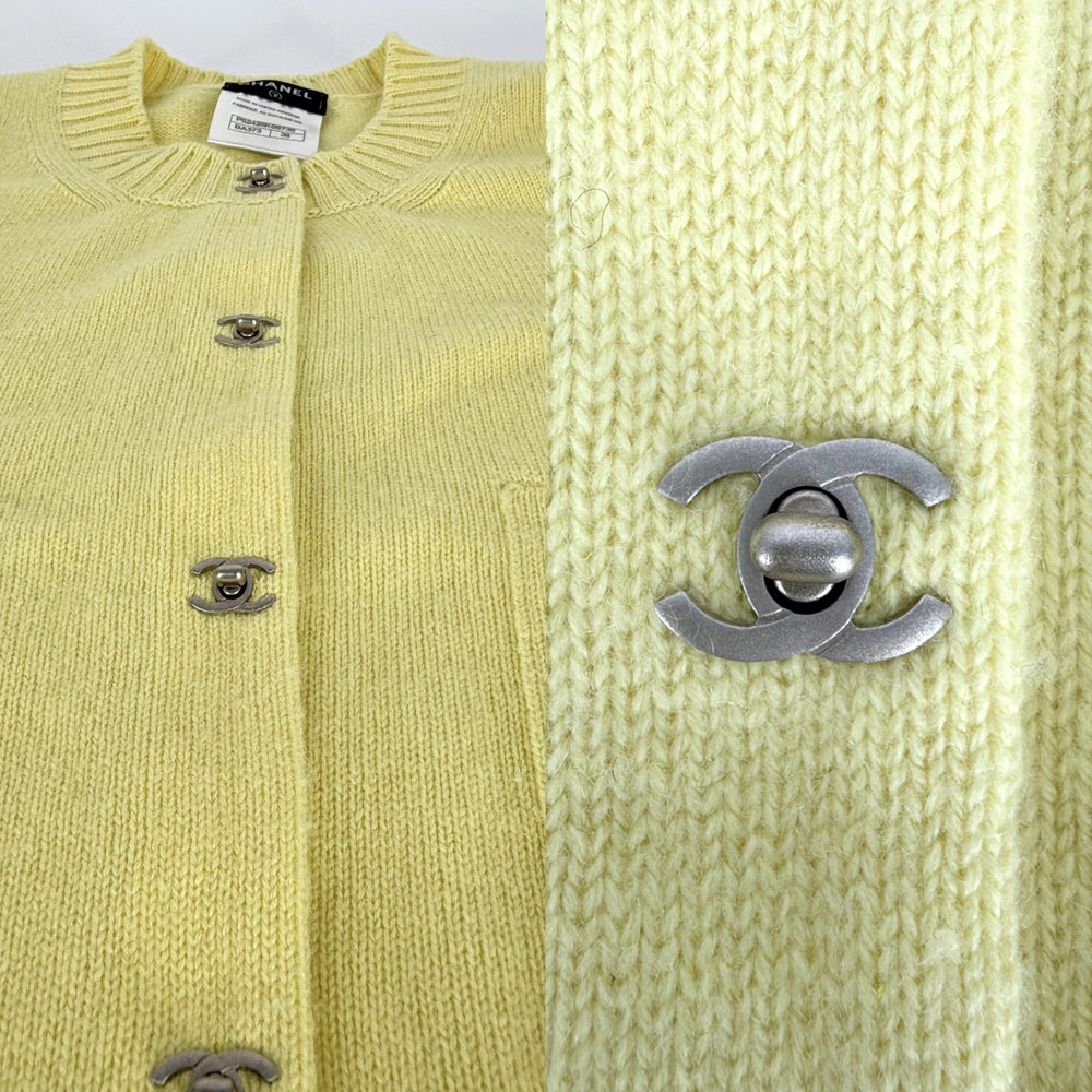 CHANEL シャネル カーディガン ターンロックボタン ロングカーディガン トップス 服 アパレル 38 イエロー 春 秋 冬 カシミヤ レディース【中古品】