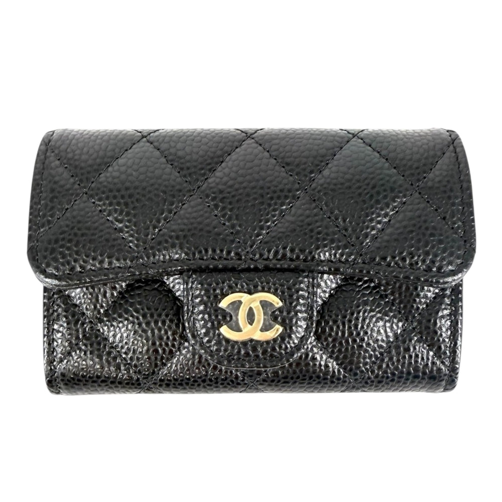CHANEL シャネル コインケース マトラッセ クラシック フラップ カード ケース ミニ財布 キャビアスキン ブラック 黒 ゴールド金具 レディース【中古品】