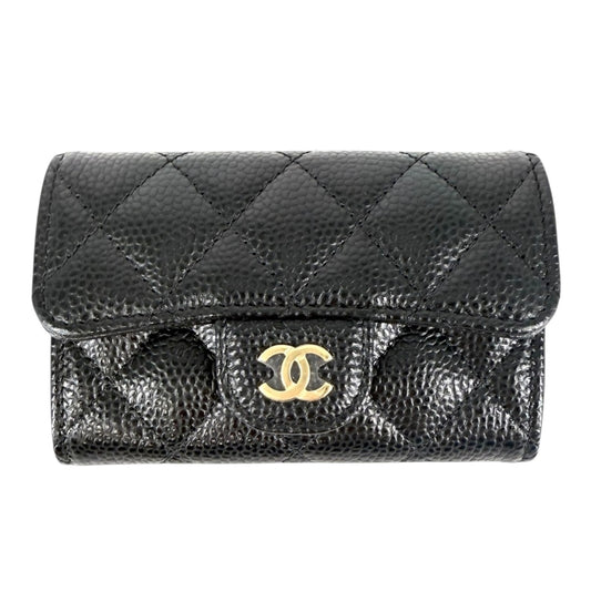 CHANEL シャネル コインケース マトラッセ クラシック フラップ カード ケース ミニ財布 キャビアスキン ブラック 黒 ゴールド金具 レディース【中古品】